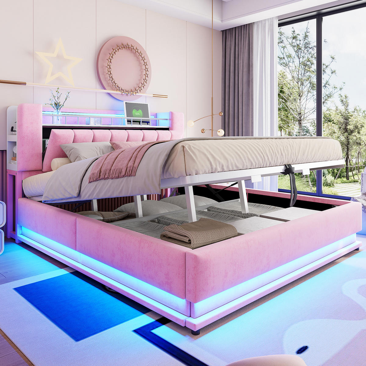 POLSTERBETT 180/200 cm Pink mit LED-Beleuchtung mit USB- und Type-C-Anschlüssen mit Stauraum Samtbezug - Rosa, Textil (180/200cm) - OKWISH