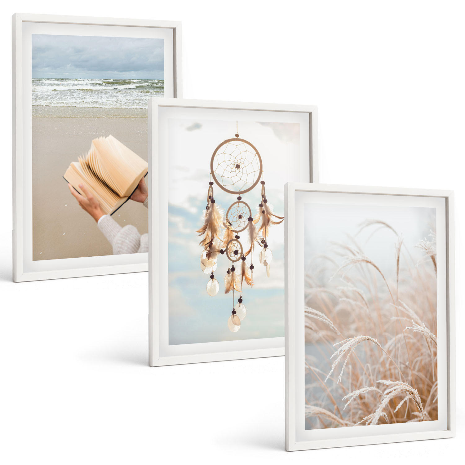 BILDER SET 3er Set - 40x60 cm Weißer Rahmen - Friedliche sommerliche Boho-Landschaften - Weiß, Kunststoff (40/60cm) - TULUP