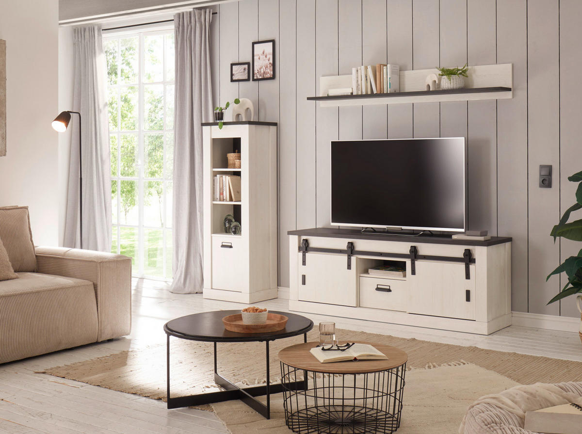 TV-LOWBOARD weiß Pinie, anthrazit, Landhaus, TV Unterteil Komforthöhe 162 x 61 cm - Anthrazit/Weiß, Holzwerkstoff/Metall (162/61/43cm) - Furn.Design