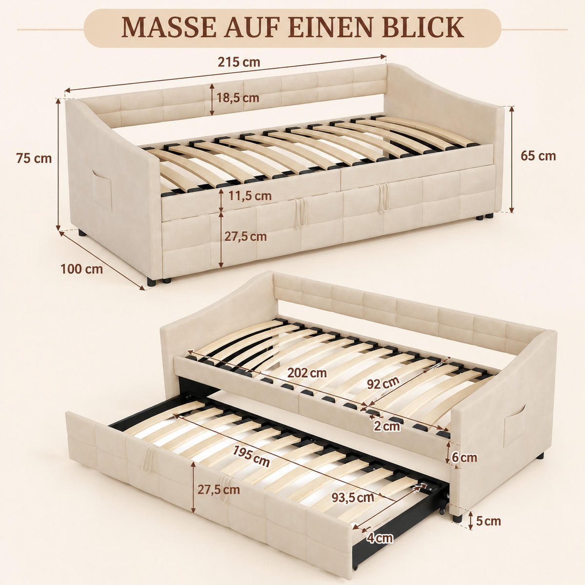 SCHLAFSOFA 200cm breit, Schlafsofa mit ausziehbarer Liegefläche - Beige, Metall (193.5/75/215cm) - Joyfair
