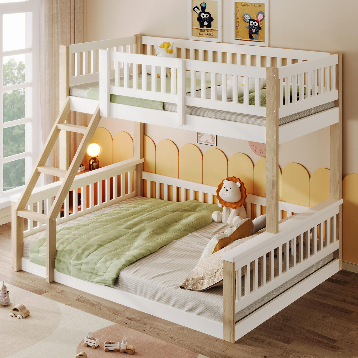 ETAGENBETT 90x200cm + 140x200cm Weiß + Natur Leiter Bettgitter - Multicolor, Holz (140/200cm) - FLIEKS