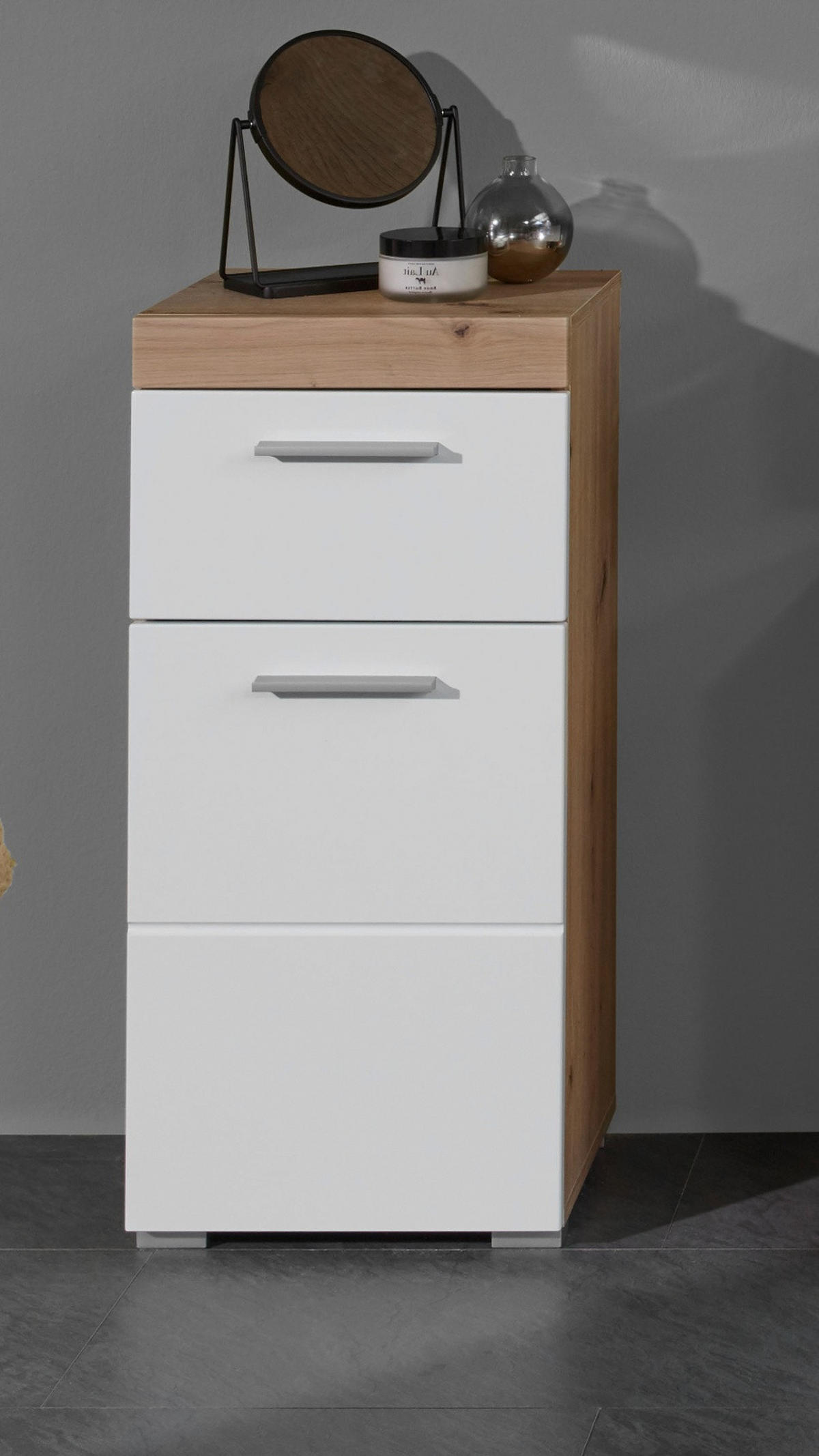 BADSCHRANK weiß Hochglanz, Asteiche 37 x 79 cm, Badezimmer Kommode modern - Eichefarben/Weiß, Holzwerkstoff/Kunststoff (37/79/31cm) - Top.Furn