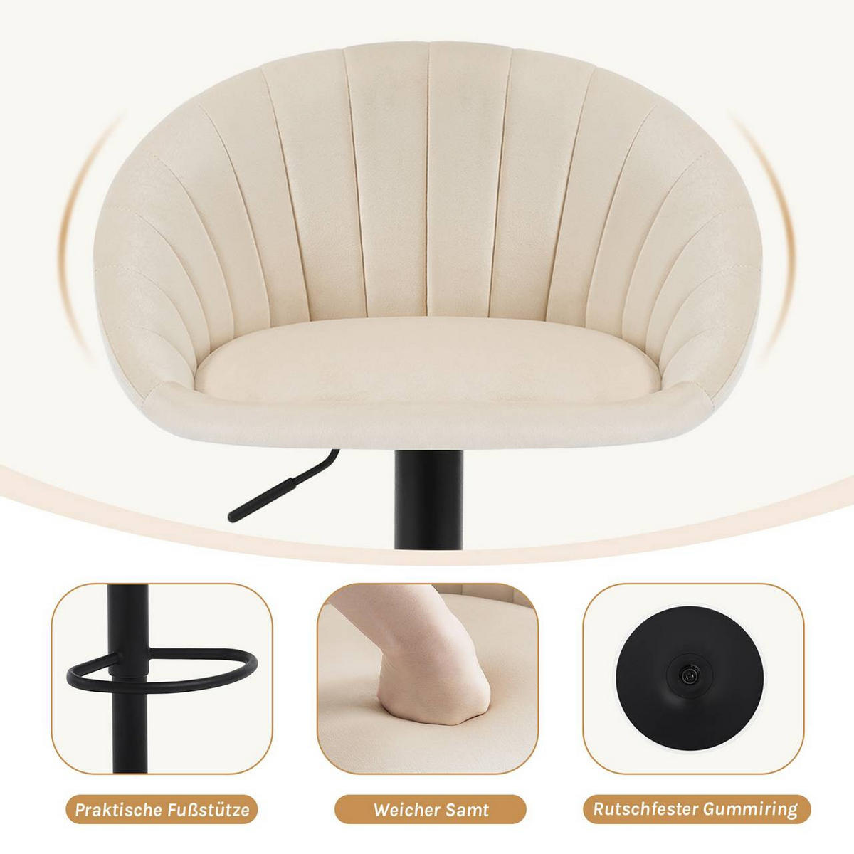 BARHOCKER mit Rückenlehne, Samt, Beige - Beige/Schwarz, Textil/Metall (53/83/45cm) - Woltu