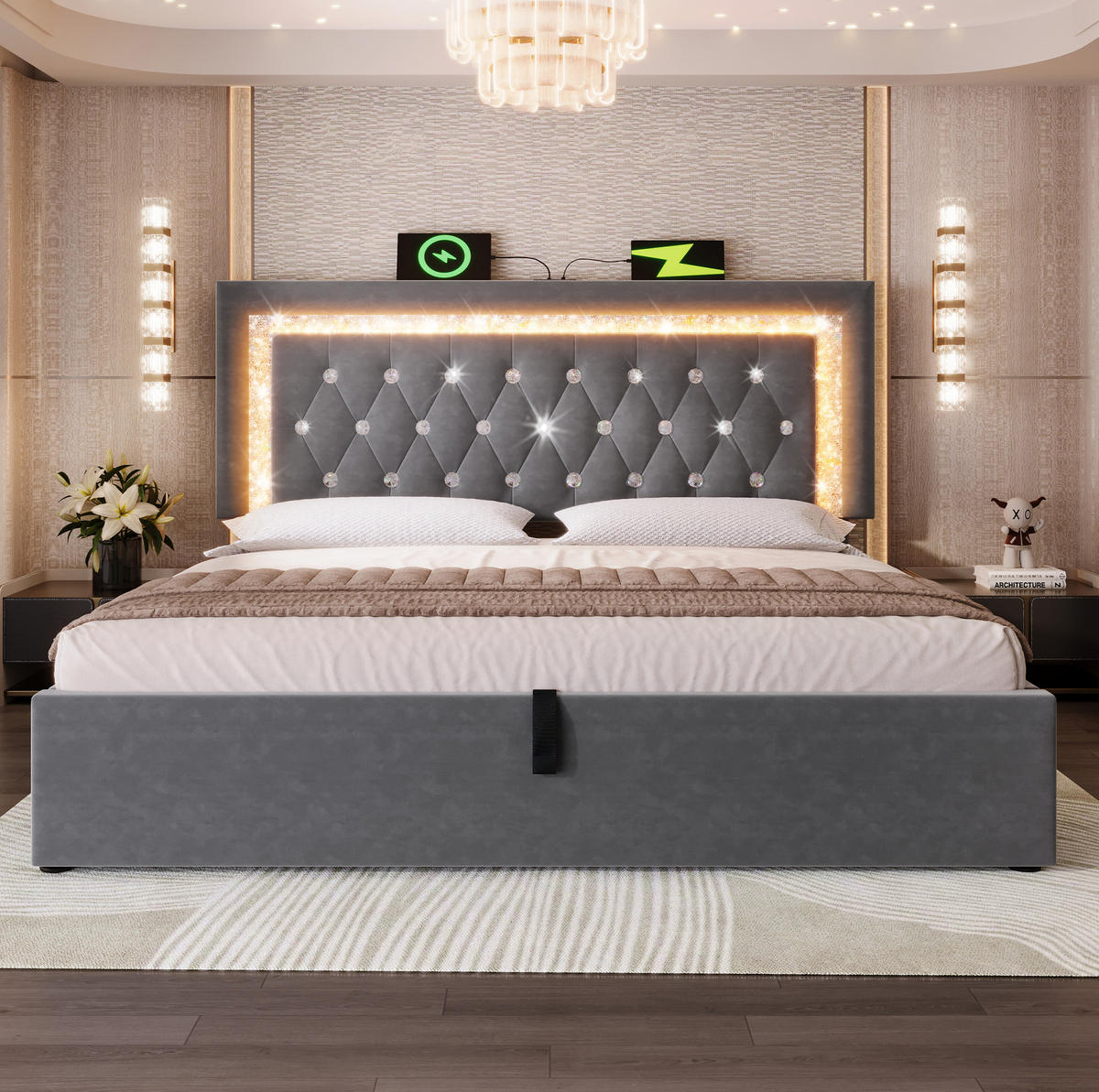 POLSTERBETT 140/200 cm mit LED-Beleuchtung, USB- und Type-C-Anschluss, Bettkasten und Matratze, Grau - Grau, Textil (140/200cm) - Redom