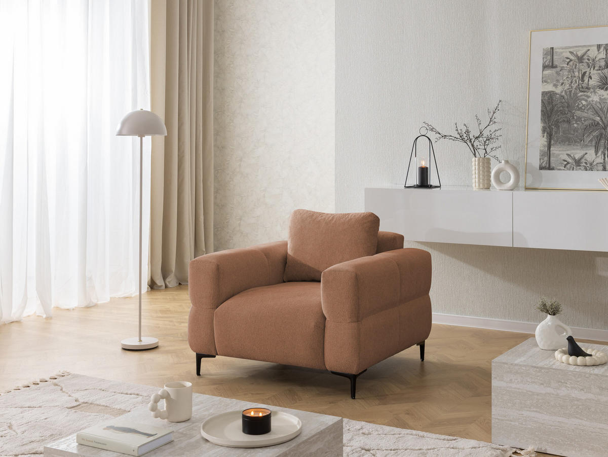 SESSEL Cardea in Bubble-Optik aus weichem Terrakotta Strukturstoff mit hohem Sitzkomfort - Terracotta/Schwarz, Holz/Textil (102/80/97cm) - S-Style Möbel