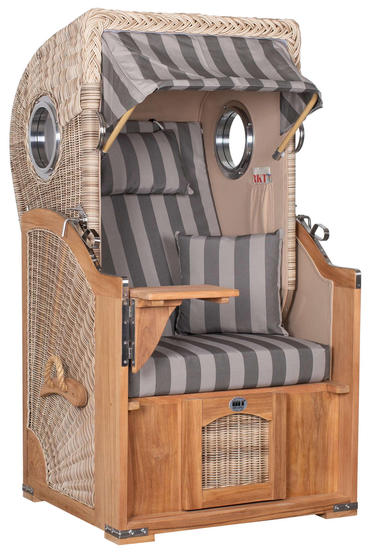 STRANDKORB Düne 1 Sitzer Teak PE Shell - Braun/Grau, Holz/Textil (96/165/80cm) - Mr. Deko