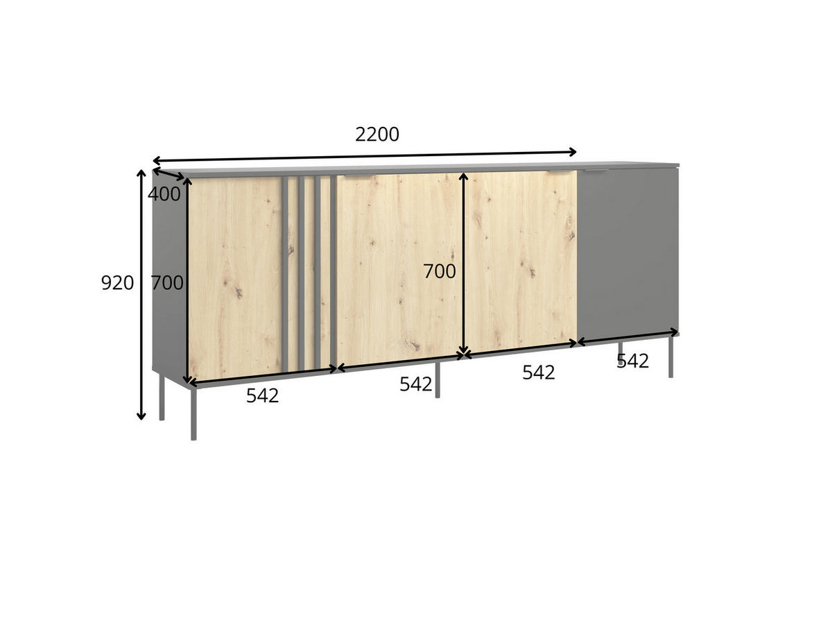 KOMMODE Schwarz, Eiche Artisan 220/92/40 - Schwarz/Eiche Artisan, Holzwerkstoff (220/92/40cm) - RAUMHIRSCH FURNITURE