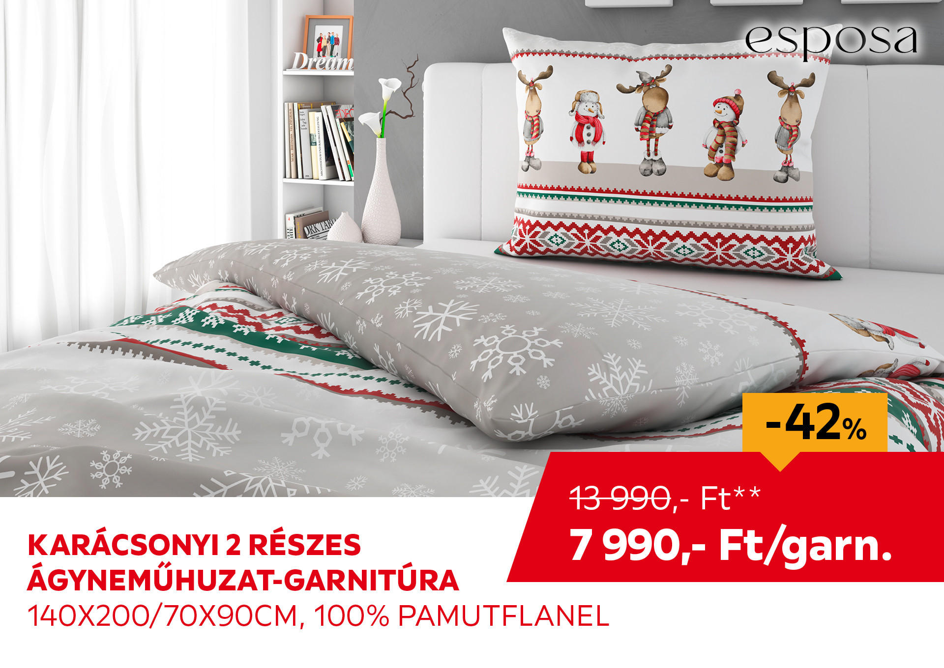 Karácsonyi 2 részes ágyneműhuzat-garnitúra  140x200/70x90 cm, 100% PAMUTFLANEL Kiemelt termék 13990 Ft.- helyett 7990 Ft.-