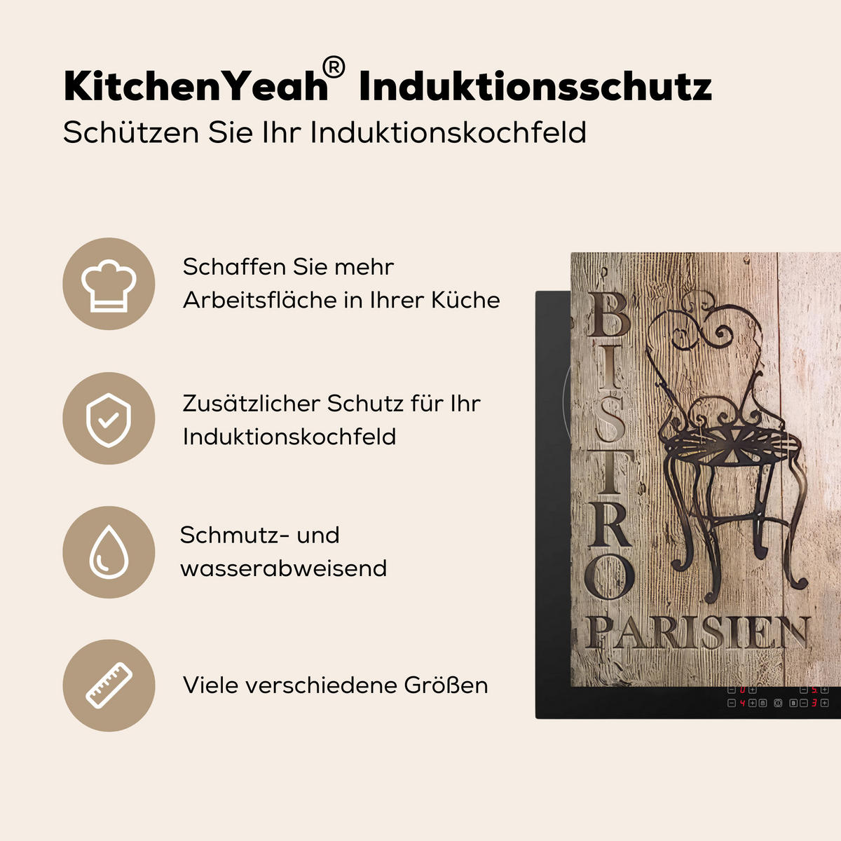 HERDABDECKPLATTE Bistro Parisien - Café - Kaffee - Jahrgang Herdabdeckung Induktionsfeld 65x52 cm - Cappuccino, Kunststoff (65/52/0.2cm) - MuchoWow