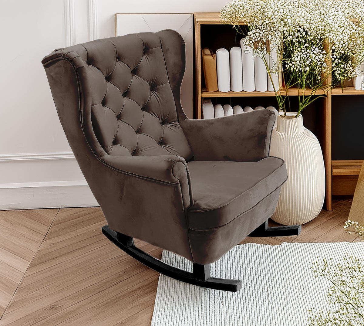 SCHAUKELSESSEL mit gepolstertem Sitz und Armlehnen, 102x81x95 cm, Braun_29844 - Schwarz/Graphitfarben, Holz/Textil (81/102/95cm) - DomoHome