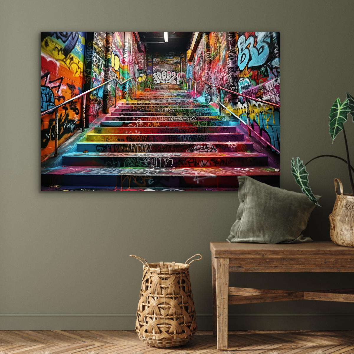 METALLBILD Treppe - Graffiti - Farben - Kunst 90x60 cm - Multicolor, Metall (90/60cm) - MuchoWow