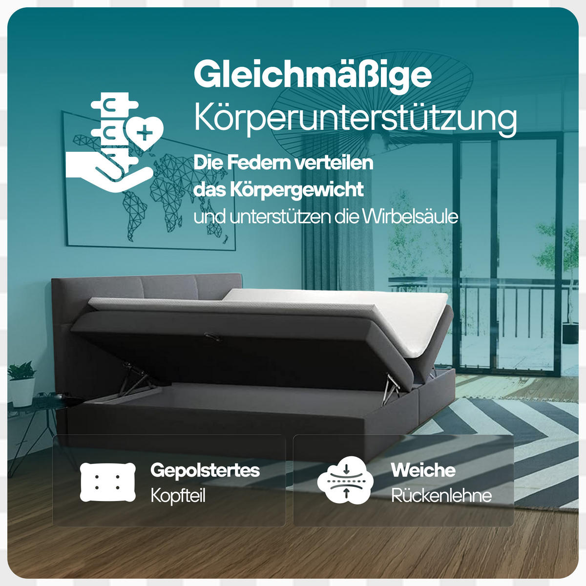 BOXSPRINGBETT 200x200 cm, TOP mit Bonellmatratze, Elegant gestepptes Kopfteil und Bettkasten, Dunkelgrau - Dunkelgrau, Holzwerkstoff/Kunststoff (200/200cm) - Trada