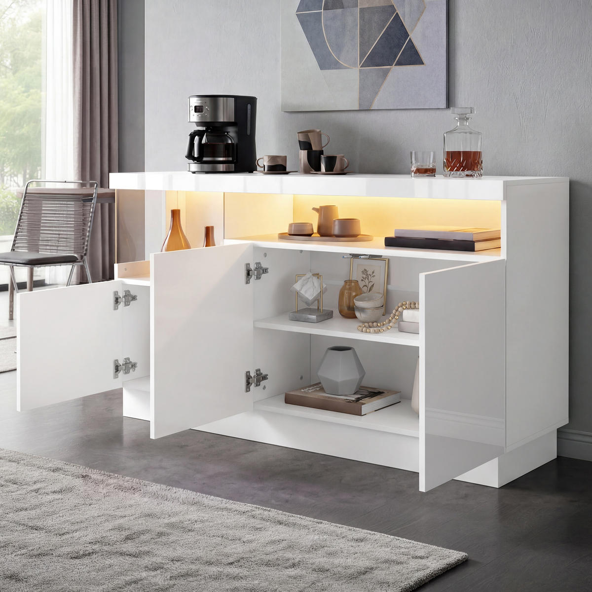 SIDEBOARD LED APP Acrylfach Aufbewahrungsschrank Modern Weiß - Weiß, Holzwerkstoff (140/80/36cm) - FLIEKS