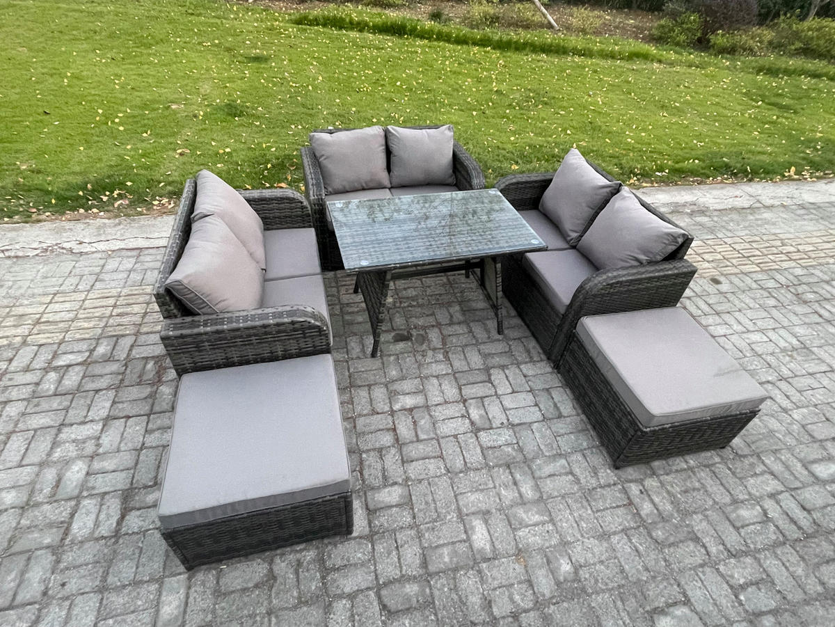 GARTENMÖBELSET mit ESSTISCH,SOFA Polyrattan 8-Sitzer - Dunkelgrau/Grau, Glas/Kunststoff - Fimous