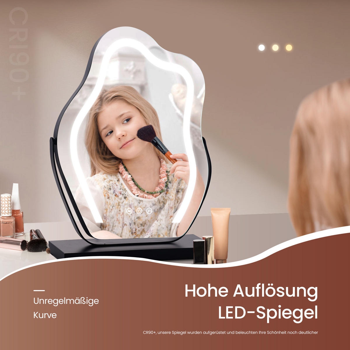 KOSMETIKSPIEGEL Unregelmäßige Form mit Beleuchtung, Schwarz, 43,2/30 cm - Schwarz, Glas (30/12/43.2cm) - EMKE