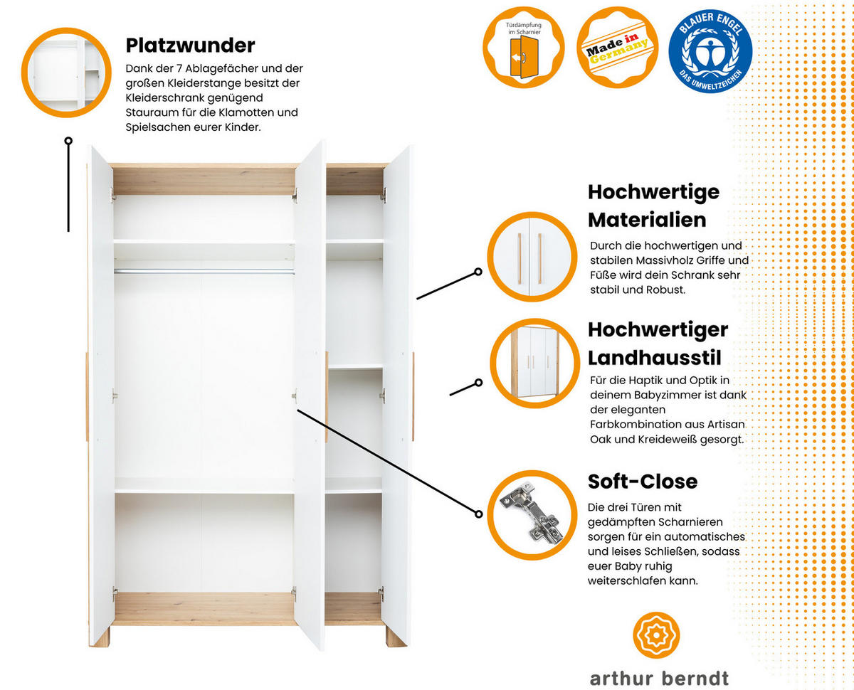 KLEIDERSCHRANK Marlon 130/195/51 cm Oak / Kreideweiß - Weiß/Eiche Artisan, Holzwerkstoff (130/195/51cm) - arthur berndt