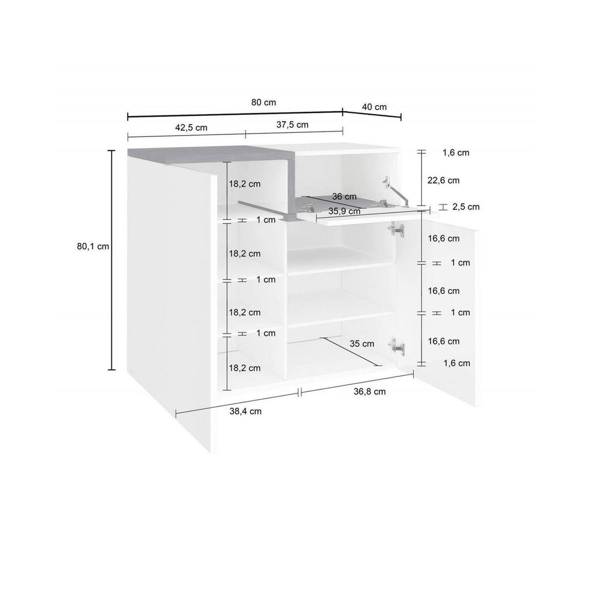 SCHUHSCHRANK Glänzendes Weiß, Schiefer 40/80/80 cm - Schieferfarben/Weiß, Holzwerkstoff (80/80/40cm) - DMORA