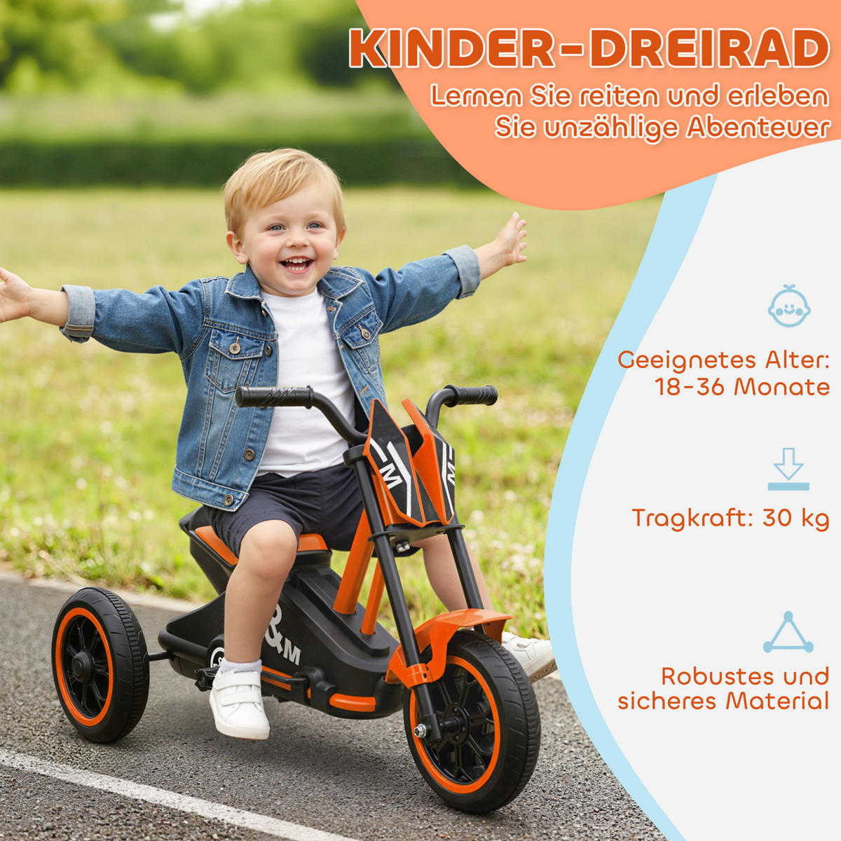 DREIRAD, Kinderfahrrad, Laufrad, Kinderrad mit Pedal für Kinder 18-36 Monaten - Orange, Metall (79/44/47cm) - AIYAPLAY