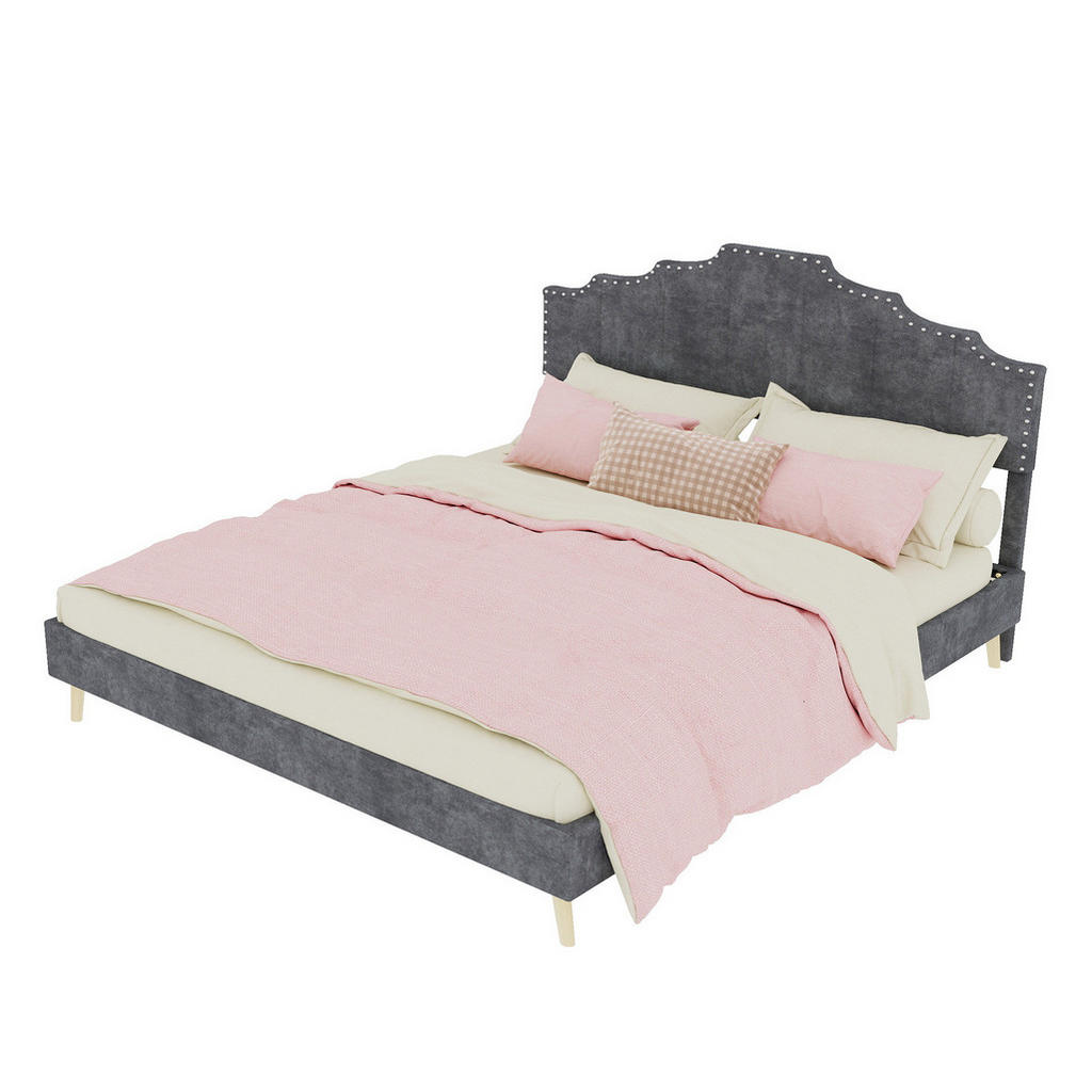 OKWISH ČALOUNĚNÁ postel 160/200 cm šedá z tkaniny a kovu s geometrickým čelem a úložným boxem