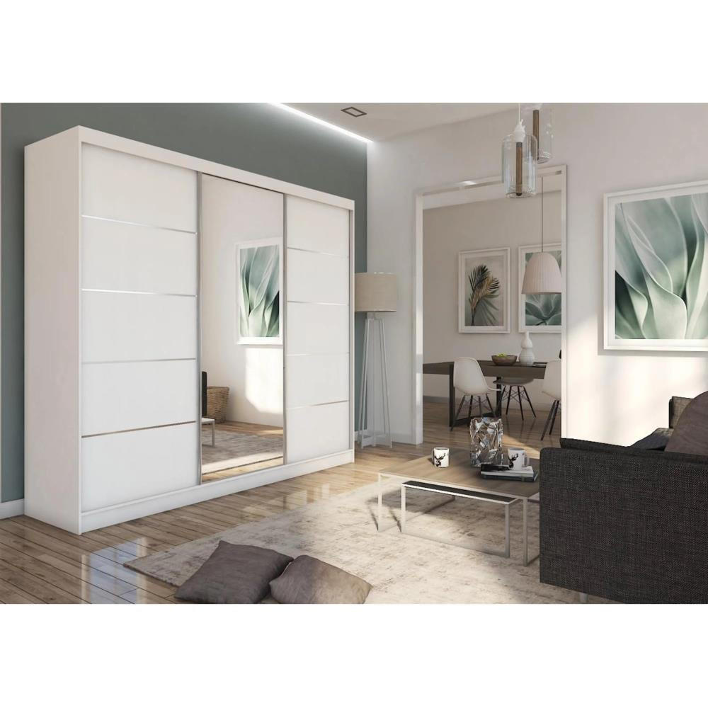SCHWEBETÜRENSCHRANK Marika 240/216/61 weiß mit Spiegel und Schubladen - Weiß, Holzwerkstoff (240/216/61cm) - Beautysofa