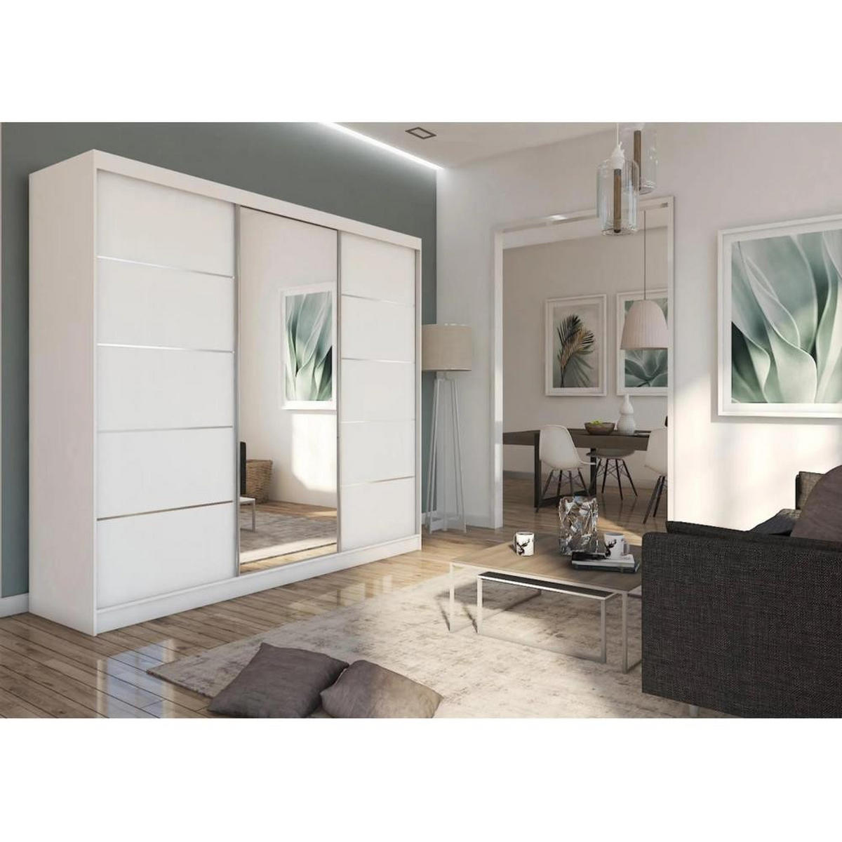 SCHWEBETÜRENSCHRANK Marika 240/216/61 weiß mit Spiegel und Schubladen - Weiß, Holzwerkstoff (240/216/61cm) - Beautysofa