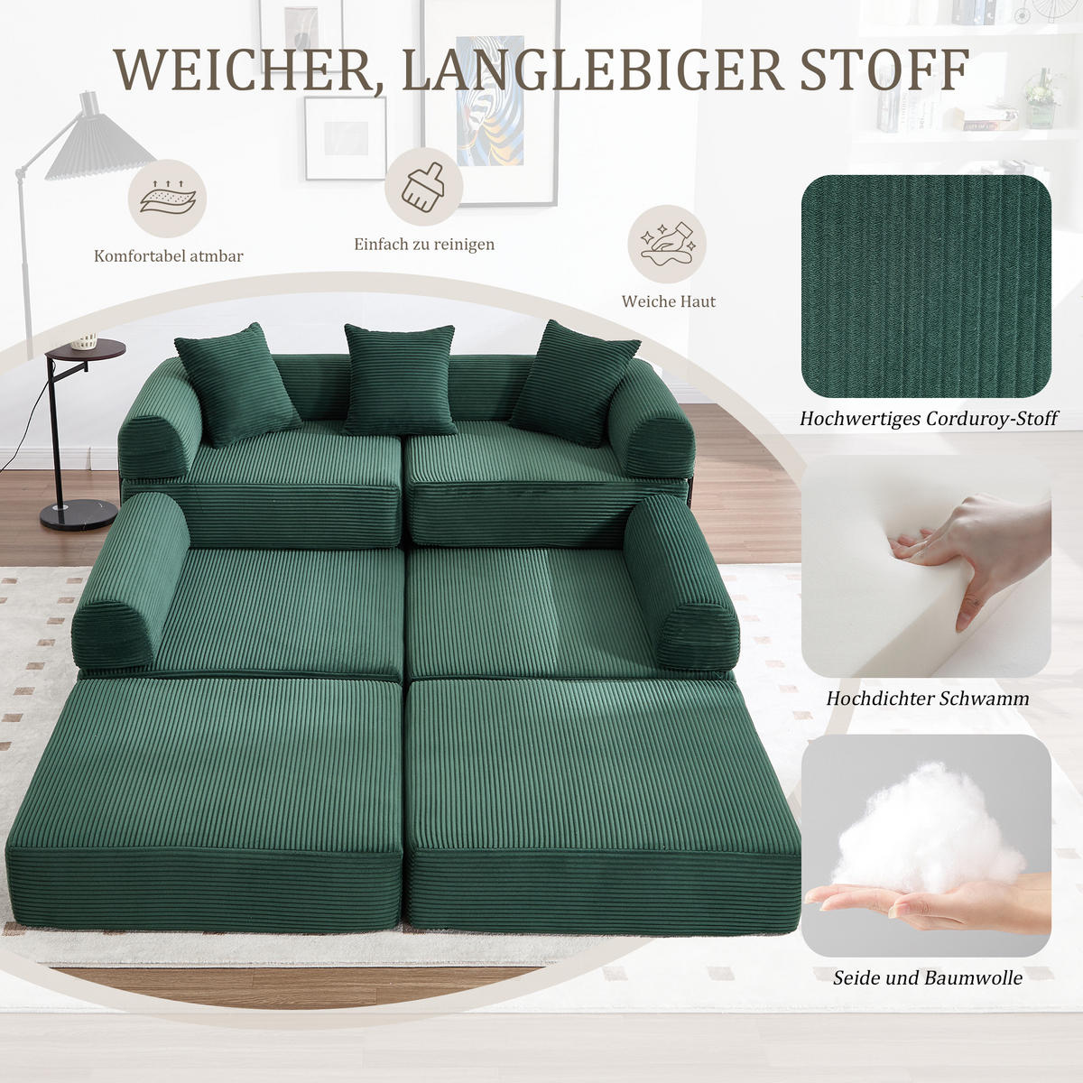 SCHLAFSOFA 270/180/64 cm Smaragd mit Integrierte Seitentaschen - Smaragdgrün, Textil (270/64/180cm) - Oxeza