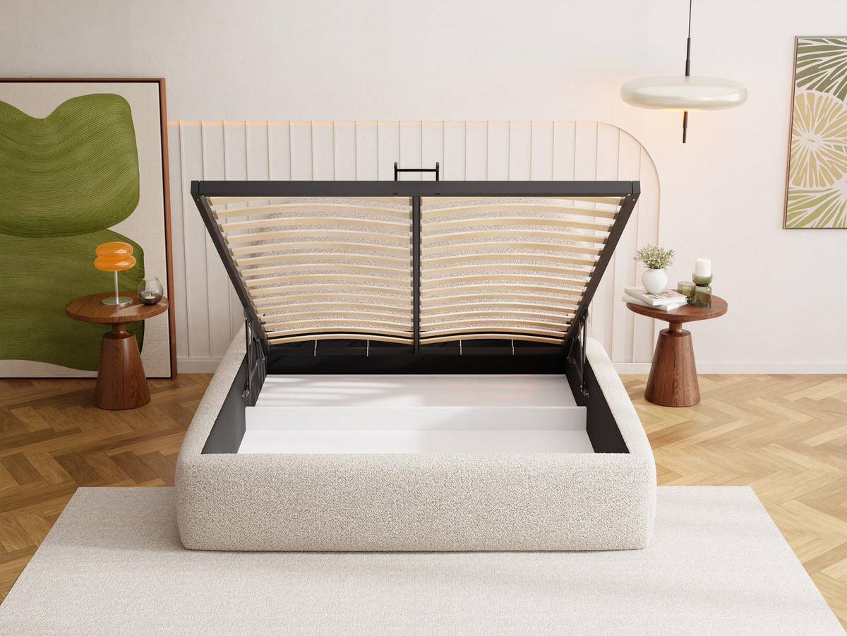 POLSTERBETT Puro mit Bettkasten, Creme Boucle 160 x 200 cm – mit Metall-Lattenrost - Birkefarben/Creme, Holzwerkstoff/Kunststoff (160/200cm) - WFL GROUP