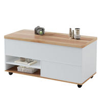 COUCHTISCH 100/98/65 cm höhenverstellbar mit hydraulischer Hubplatte, Stauraum und Rollen aus Spanplatte, Weiß/Naturholzfarbe - Weiß, Holzwerkstoff (100/98/65cm) - Modfu