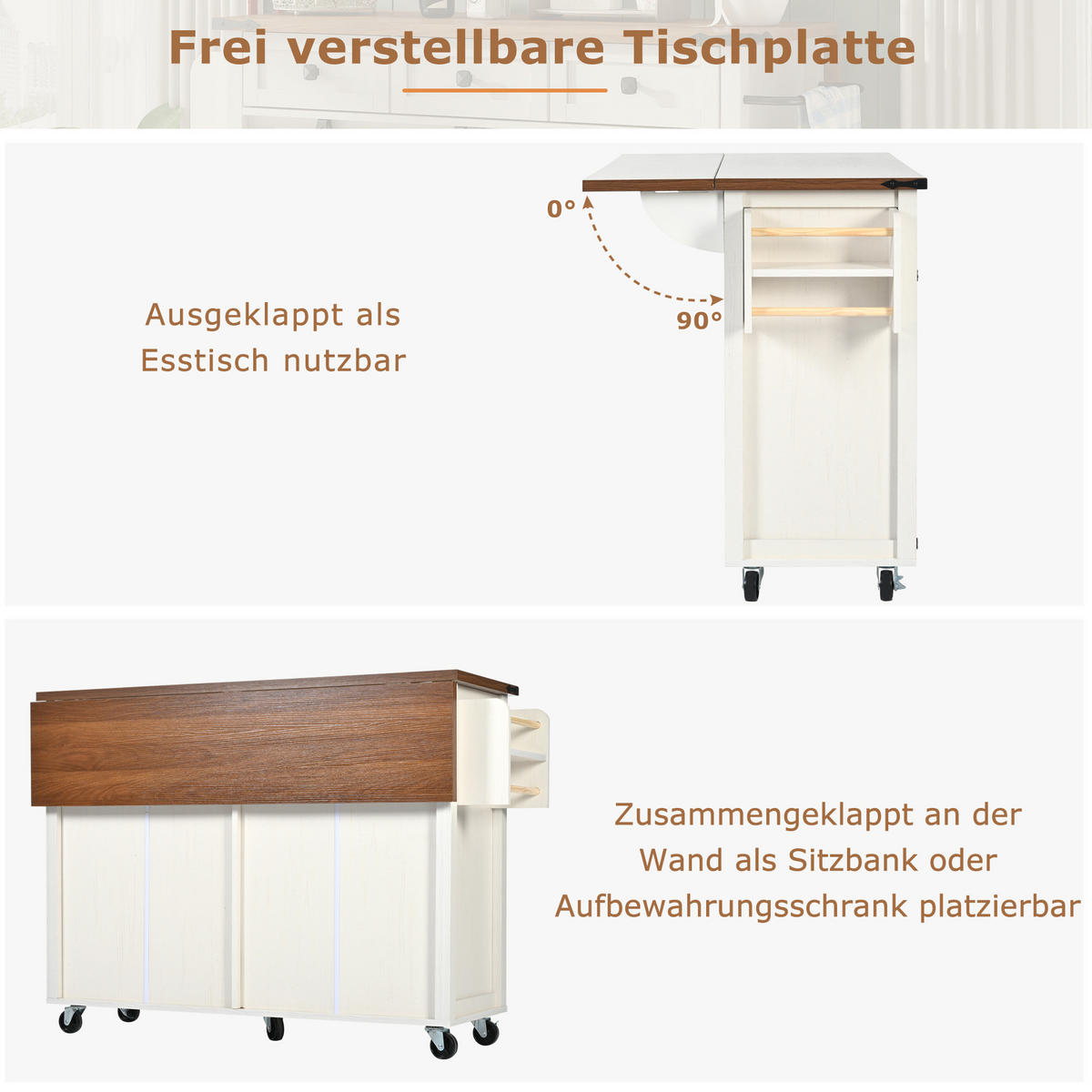 KÜCHENINSELWAGEN aus MDF mit klappbarer Arbeitsplatte, 140/45/72/93 cm, Weiß - Weiß, Holzwerkstoff (140/93/45cm) - Redom