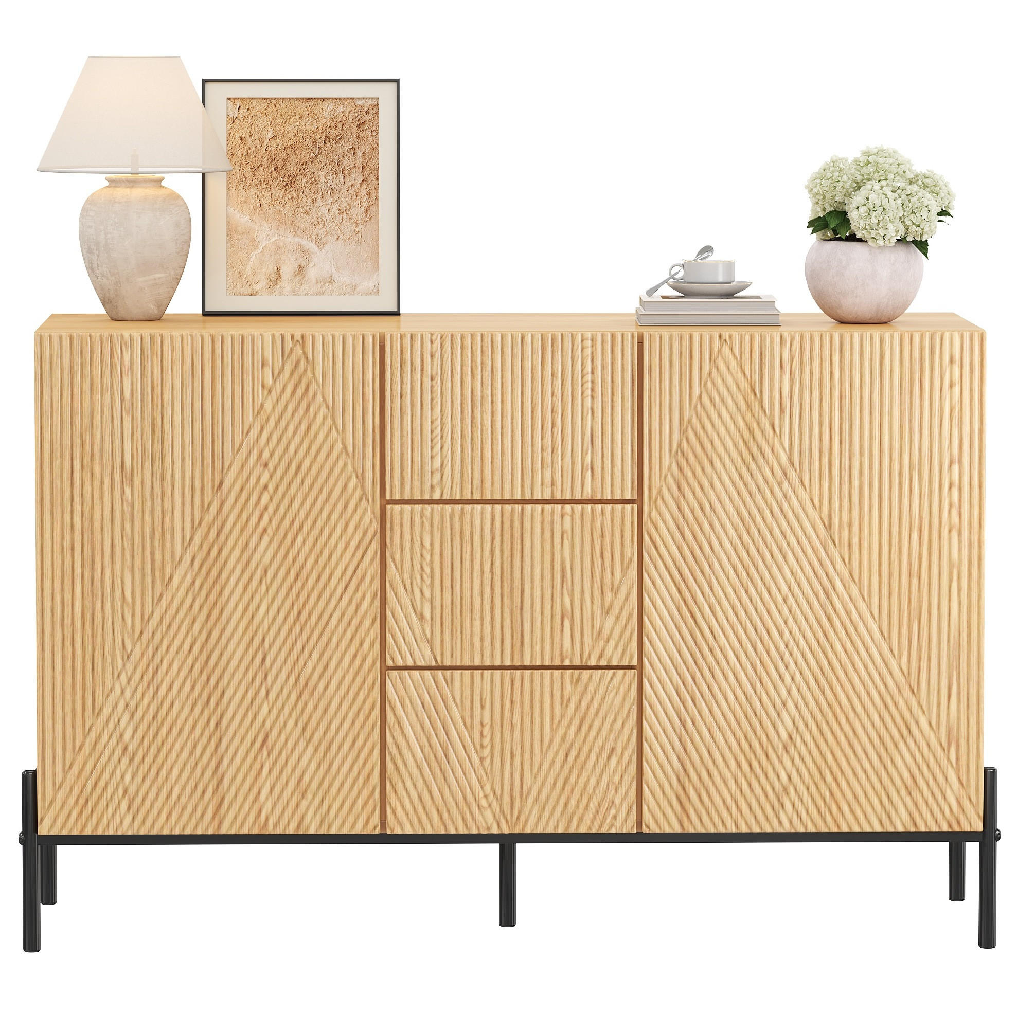 SIDEBOARD 115,5/40/76 cm mit geometrischen Türen, Schubladen und Eisenbeinen, MDF, Natur - Naturfarben, Holzwerkstoff (115.5/76/40cm) - Redom