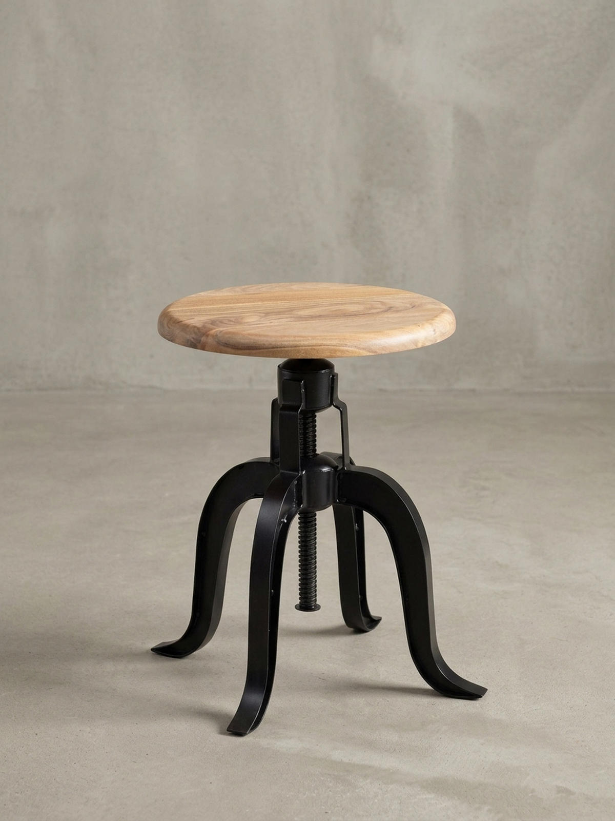 DREHHOCKER – Akazie Massivholz/Eisen, höhenverstellbar, Industrial-Stil - Schwarz/Braun, Holz/Metall (39/48/39cm) - KADIMA DESIGN