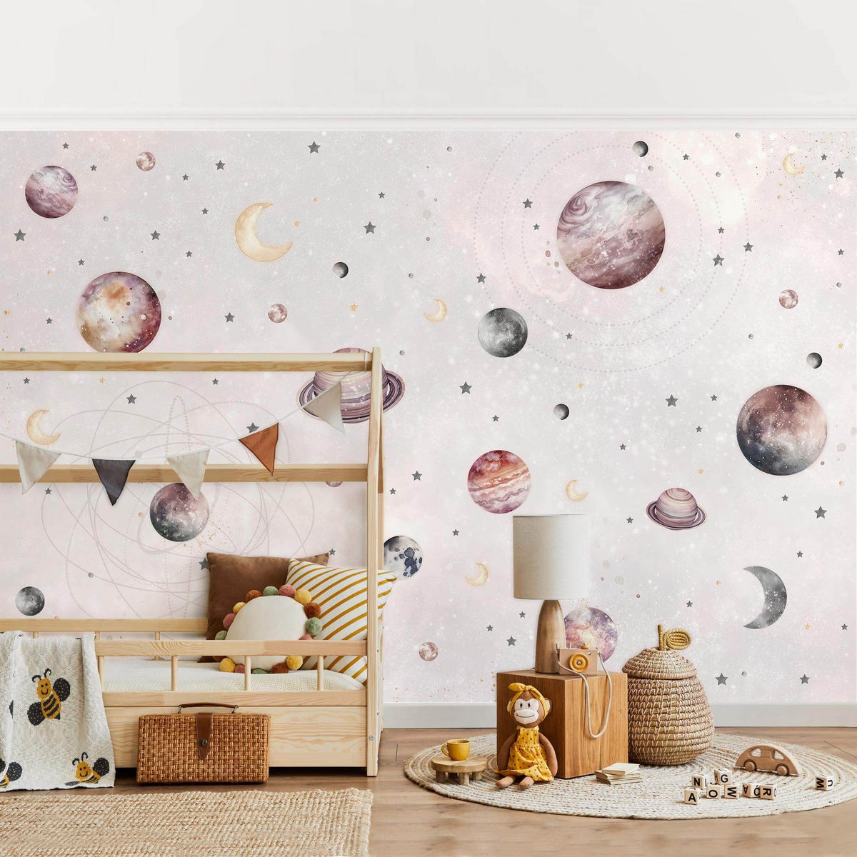 FOTOTAPETE Aquarell Planeten, Mond und Sterne 432/290 cm - Pastellblau, Papier (432/290cm) - Bilderwelten