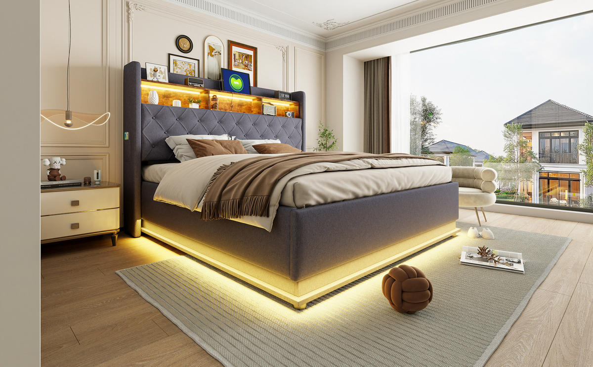 POLSTERBETT 180x200 cm LED USB Stauraum grau - Grau, Textil (180/200cm) - LEBENLANG