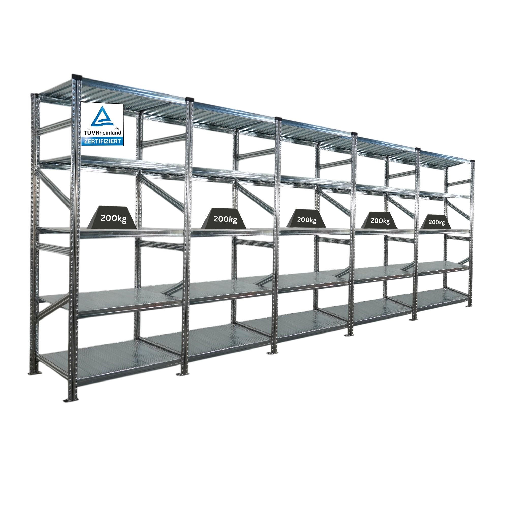 FACHBODENREGAL PROXIMO 200x450x60cm 5 Ebenen Beidseitig nutzbar Verzinkt - Silberfarben, Metall (450/200/60cm) - PROREGAL