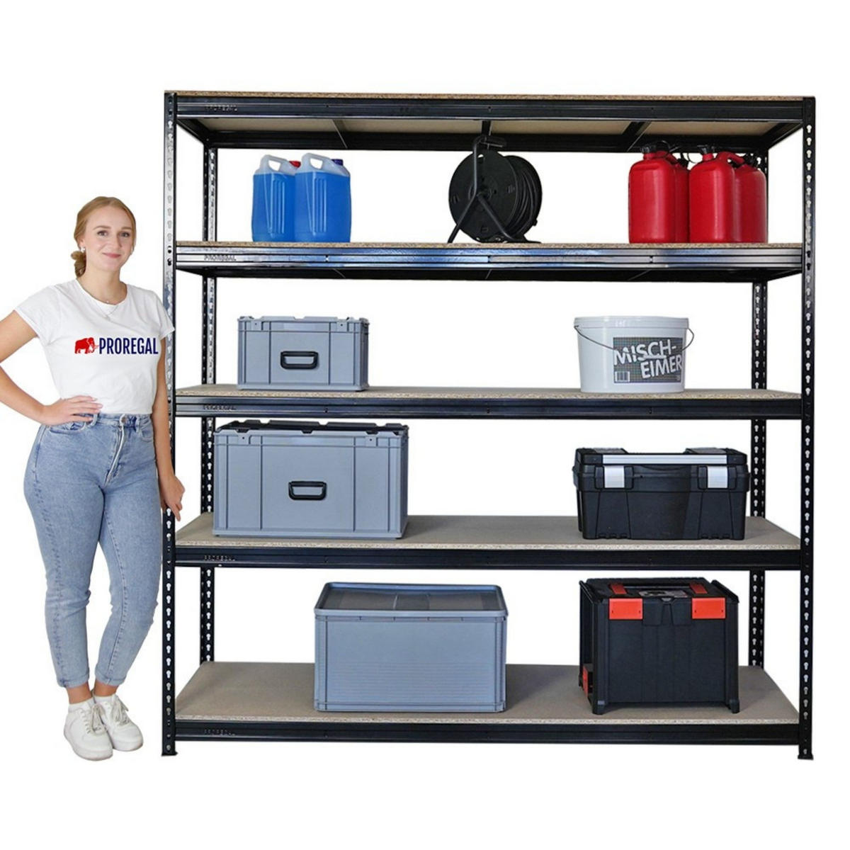 SCHWERLASTREGAL Bison 200x180x60 cm 5 Spanplatten-Ebenen 16mm Fachlast 600 kg Schwarz - Schwarz, Metall (180/200/60cm) - PROREGAL