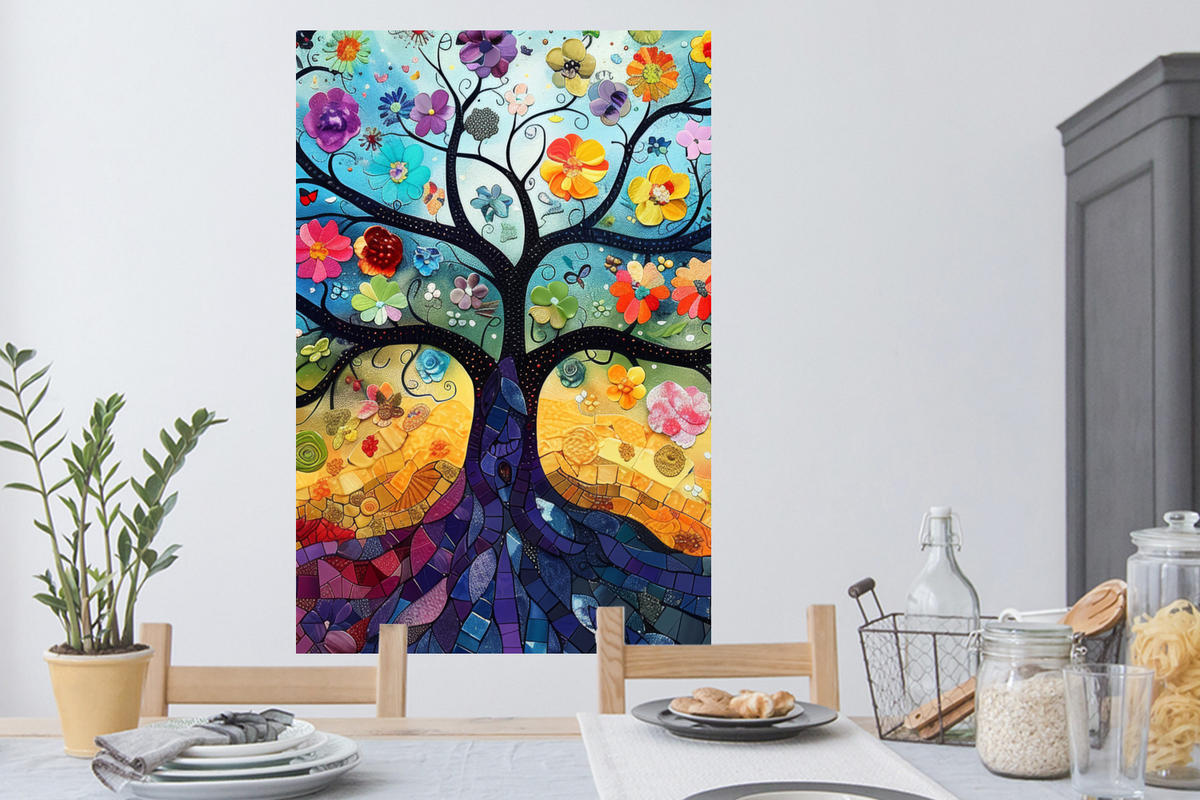 WANDTATTOO Kunst - Baum des Lebens - Blumen - Hippie 80x120 cm - Dunkelblau, Kunststoff (80/120/0.1cm) - MuchoWow