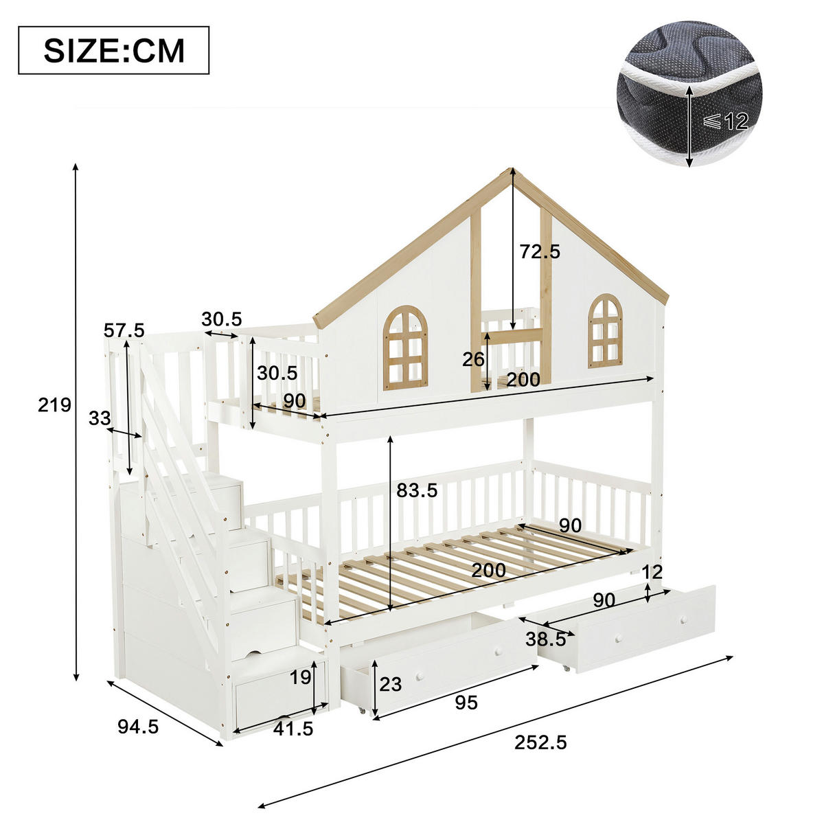 ETAGENBETT aus Kiefer und MDF 90x200 cm Weiß/Natur mit Stauraumtreppe und Schubladen - Weiß, Holz (90/200cm) - Modfu