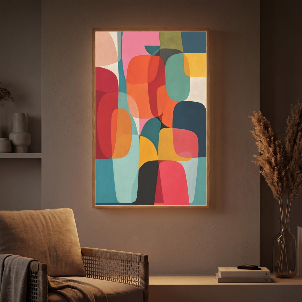 NÁSTĚNNÁ LAMPA S AKUMULÁTOREM Tvary - barevné - abstraktní - letadla 60x90 cm - různobarevná, kompozitní dřevo (60/90/8cm) - OnlyWow