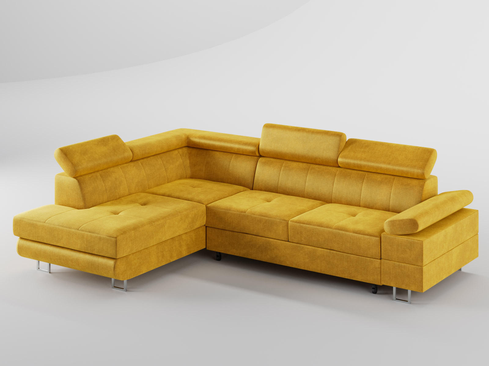 ECKSOFA CAROLINE Links Gelb Velours-Stoff mit Schlaffunktion und Bettkasten - Chromfarben/Gelb, Textil (253/190cm) - Barchello