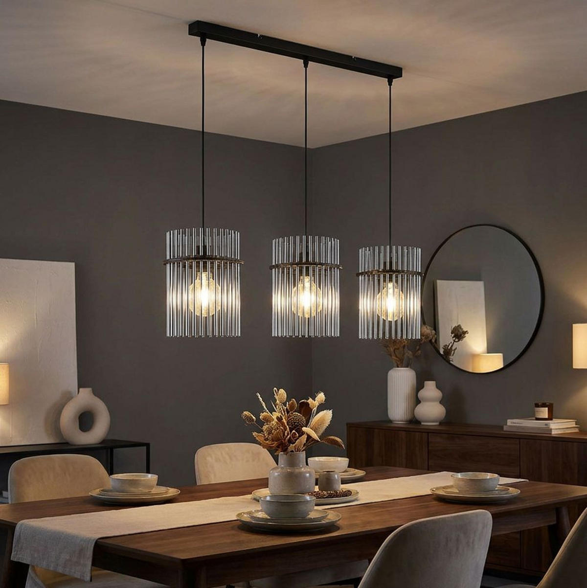 HÄNGELEUCHTE Metall Glas Grau 3 Flammig - Grau, Glas (80/20/140cm) - Globo Lighting