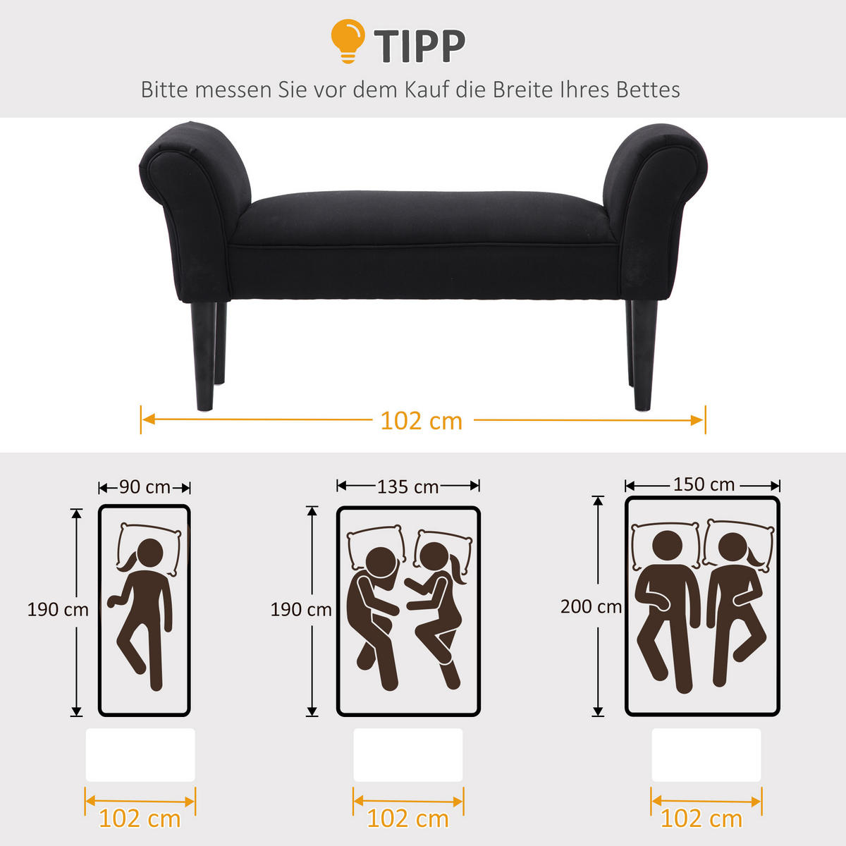 SITZBANK für Schlafzimmer Bettbank Polsterbank MDF Schaumstoff Schwarz - Schwarz, Kunststoff (36/51/102cm) - HOMCOM