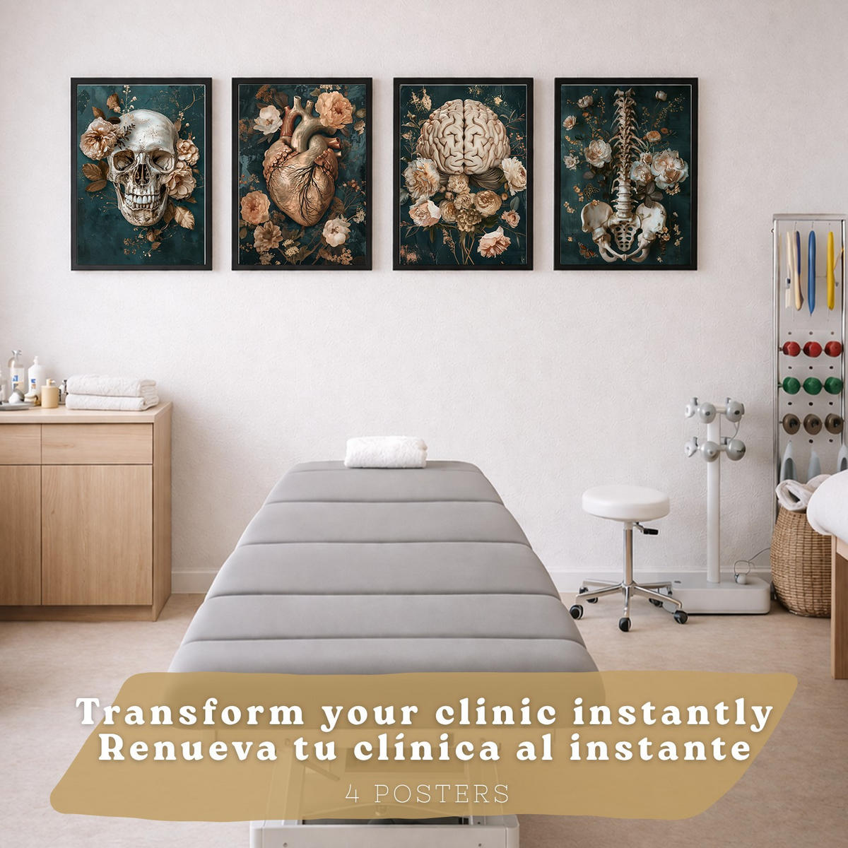 POSTER Set aus 4 Anatomie Drucke und mit Schädel Herz Gehirn Wirbelsäule Skelett Becken Klassisches Florales Design Größe Schwarzer Rahmen A4 - Schwarz, Papier (21/29.7/3cm) - Nacnic