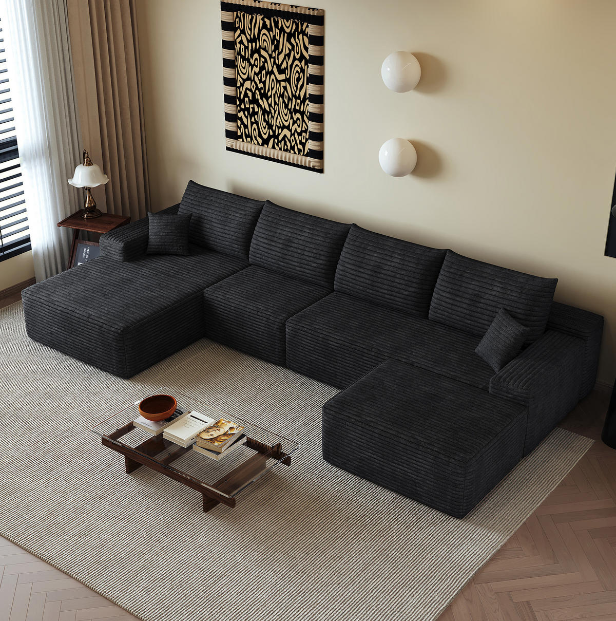 SOFA Ecksofa mit Chaiselongue 340 cm Cordstoff Schwarz - Schwarz, Kunststoff (175/83/270cm) - Meubliv