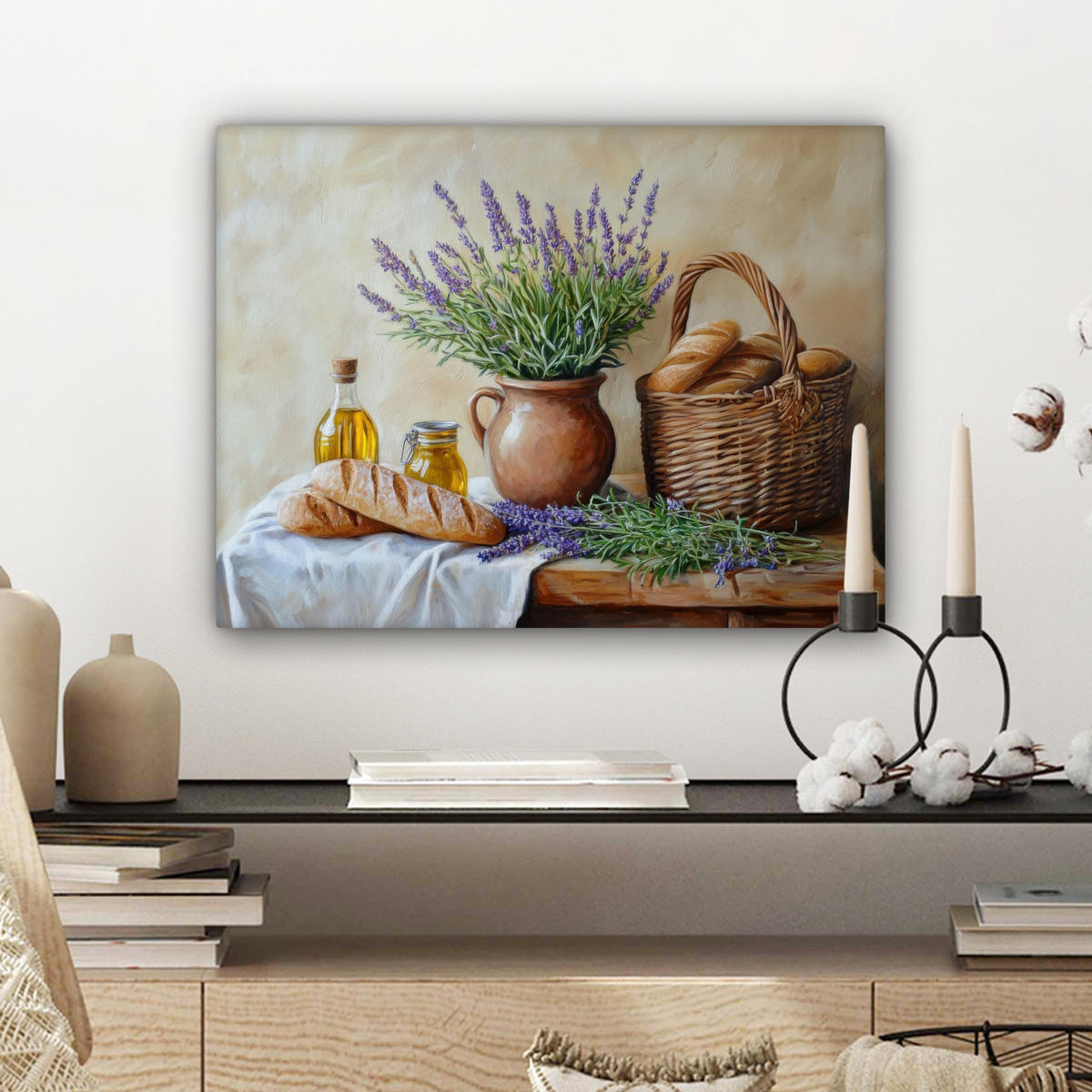 LEINWANDBILD Lavendel - Brot - Stilleben Wandbild 40x30 cm - Flieder, Textil (40/30cm) - MuchoWow