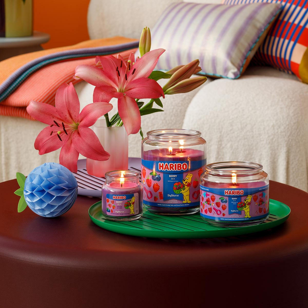 DUFTKERZE Haribo - Violett, Glas/Naturmaterialen (13cm)