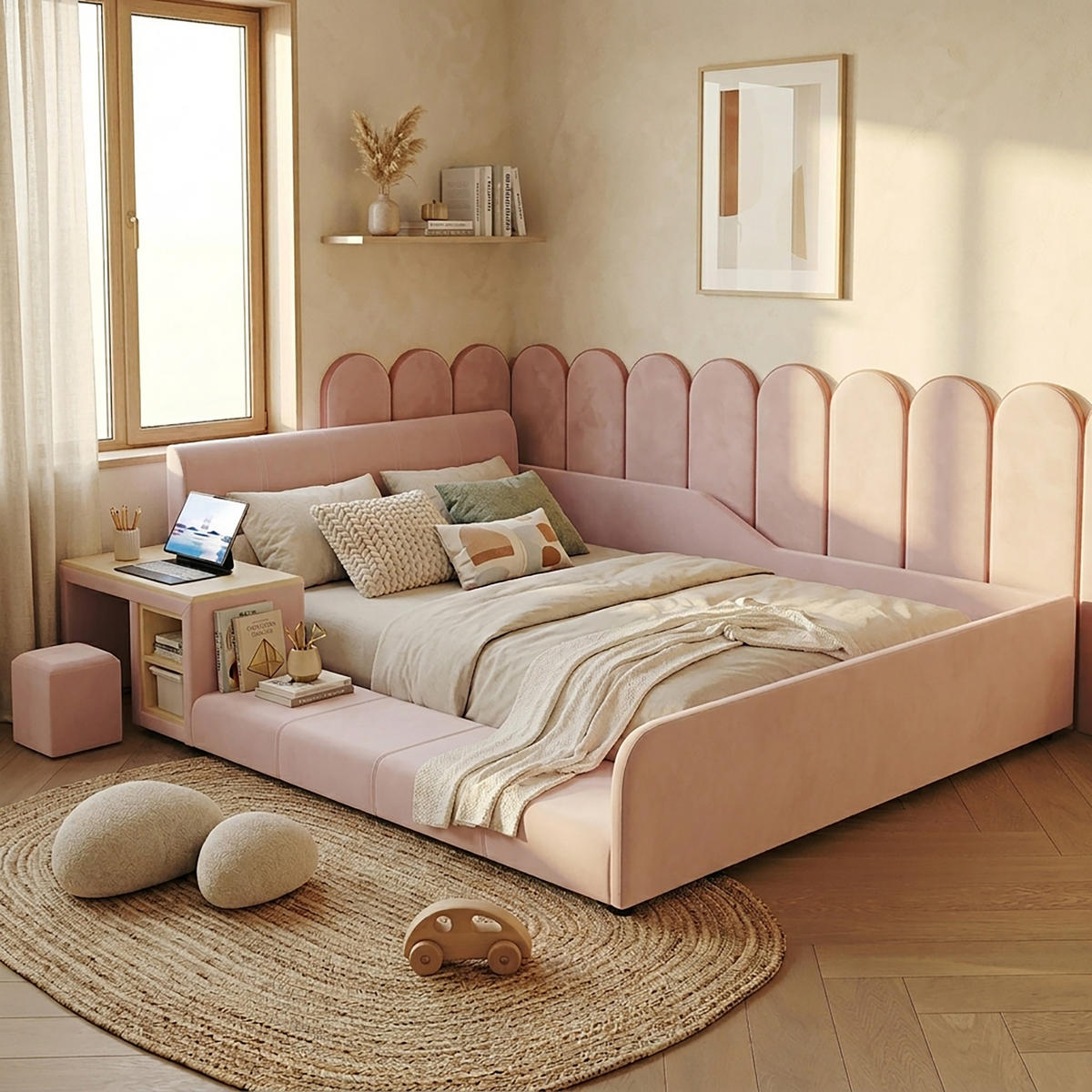 POLSTERBETT 140/200 cm in Pink mit Schreibtisch, Hocker und Ablageboden aus Samt - Kinderzimmer mit Stil - Rosa, Holzwerkstoff/Textil (140/200cm) - STILVORA