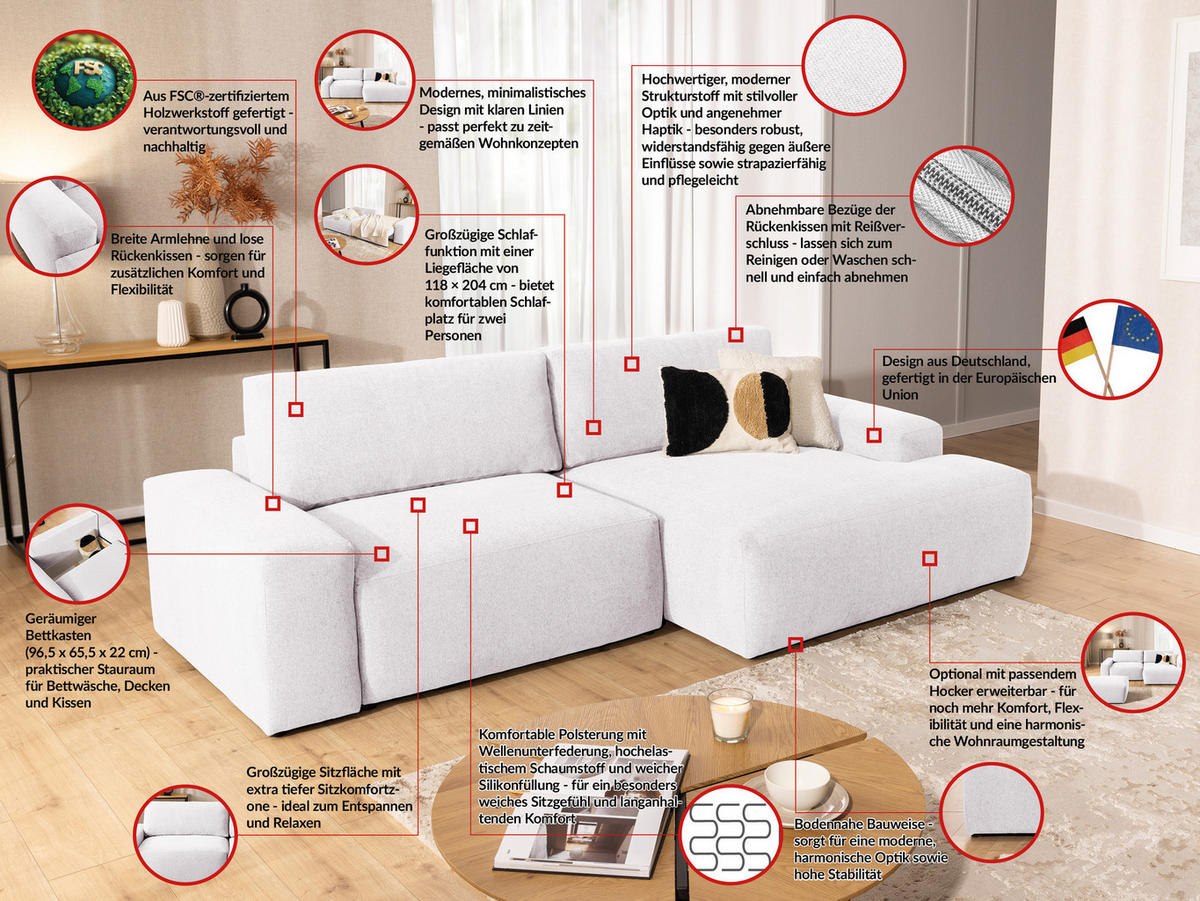 ECKSOFA Lennon aus Creme Strukturstoff mit Schlaffunktion und Bettkasten - Creme/Schwarz, Holz/Kunststoff (264/137cm) - S-Style