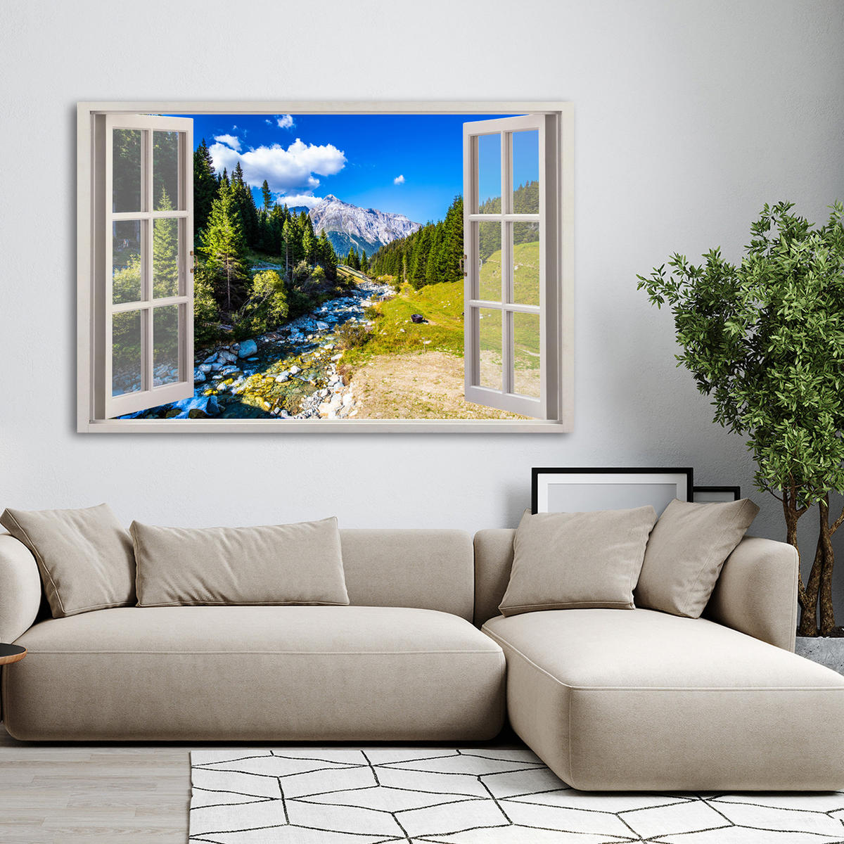 WANDBILD fensterblick berge natur landschaft - Grün, Textil (60/40cm) - Feeby