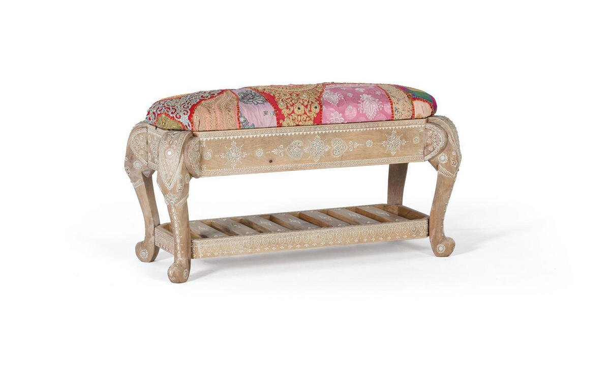 SITZBANK aus Mangoholz mit mehrfarbigem Patchwork-Stoffbezug - Perlmutt, Holz (38/45/90cm) - Giner y Colomer