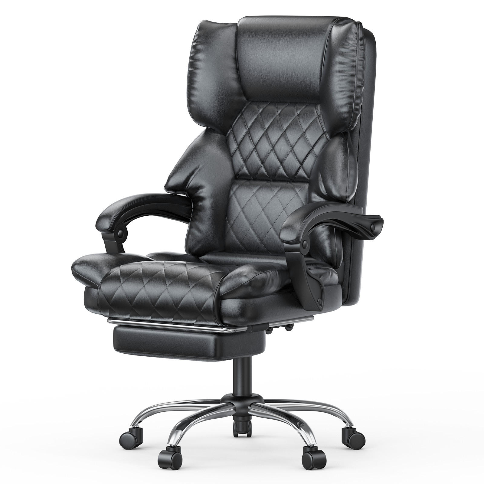 CHEFSESSEL mit Fußstütze Ergonomisch PU Leder Höhenverstellbar Schwarz - Schwarz, Leder (62/117/71cm) - Rattantree